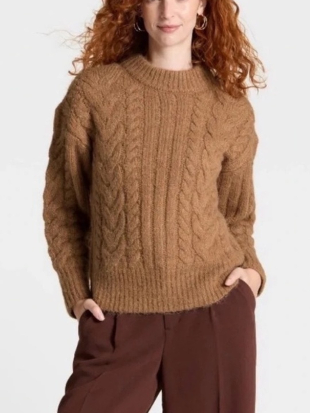 A New Day Women's Cozy Cable-Knit Crewneck Sweater - Brown XL Nwt